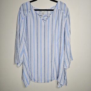 Catherines Womens 4X Red White Blue Vertical Striped 3/4 Sleeve Lightweight Airy